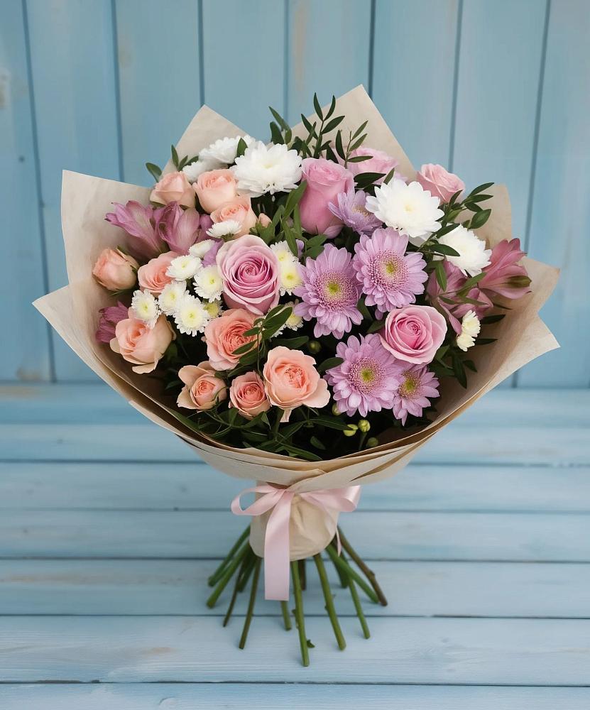 Букет цветов из: Хризантемы, Розы и Альстромерии в Змейке