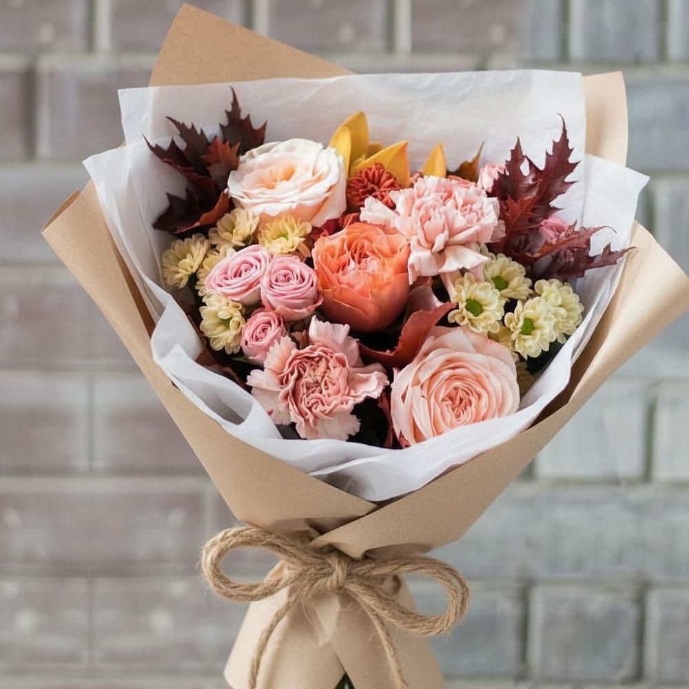 Букет цветов из: Гвоздики, Хризантемы и Розы в Змейке