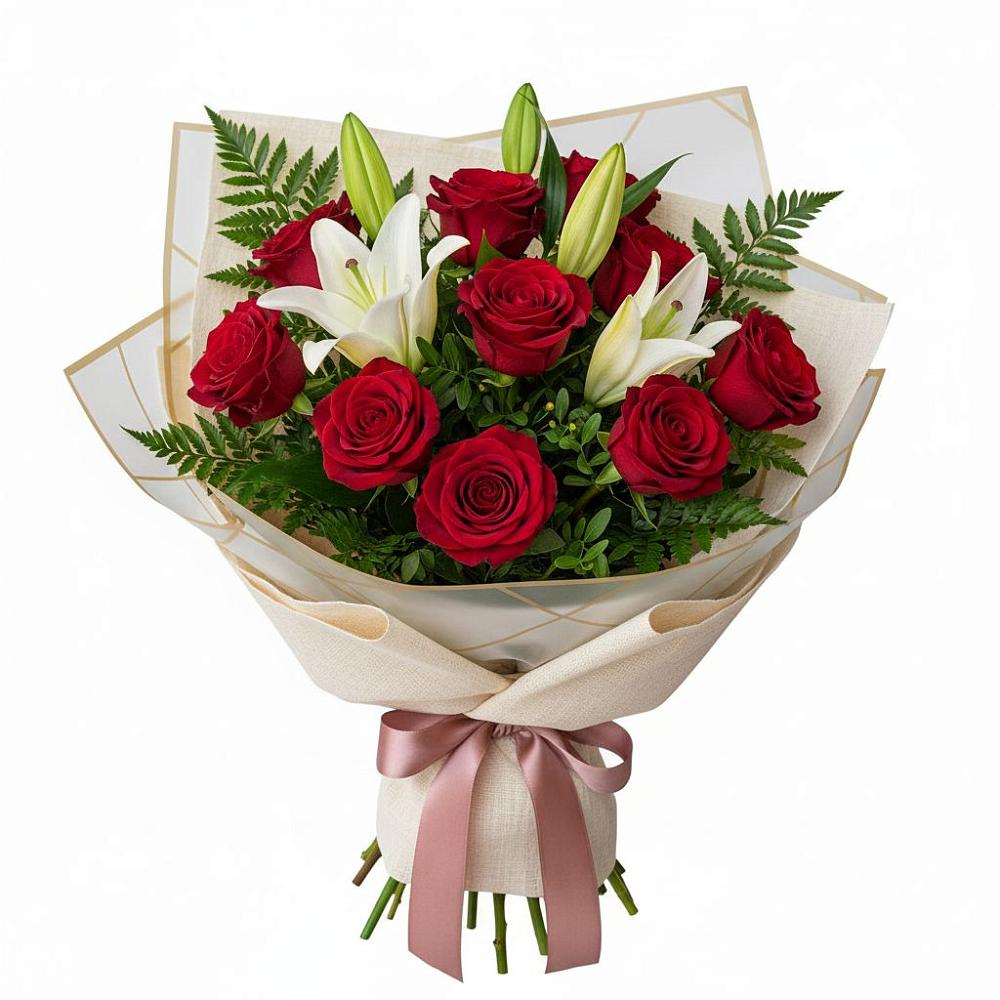 Букет цветов из: Лилии и Розы в Змейке