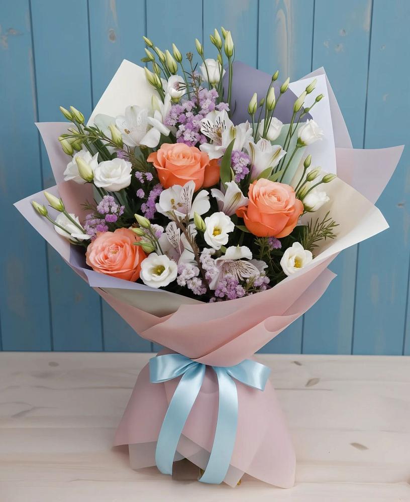 Букет цветов из: Лизиантусы, Розы, Альстромерии и Гипсофила в Змейке