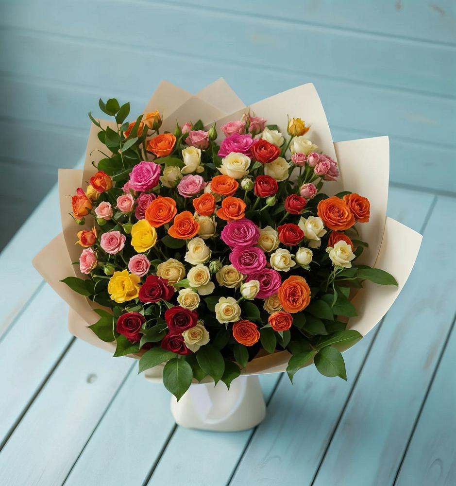 Букет Микс из разноцветных кустовых роз в Змейке