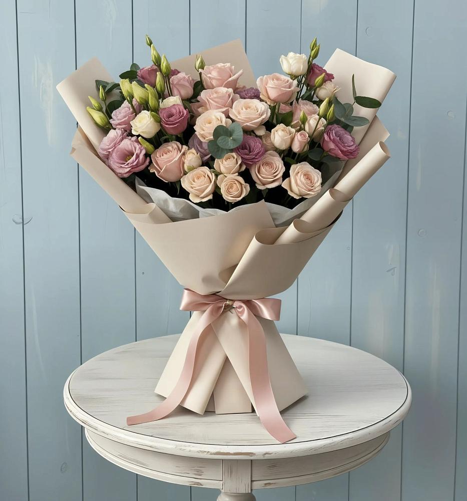 Букет цветов из: Розы и Лизиантусы в Змейке