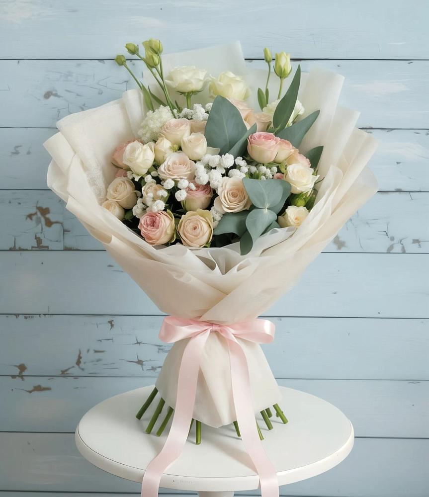 Букет цветов из: Розы и Лизиантусы в Змейке