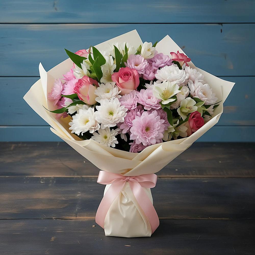 Букет цветов из: Хризантемы, Альстромерии и Розы в Змейке